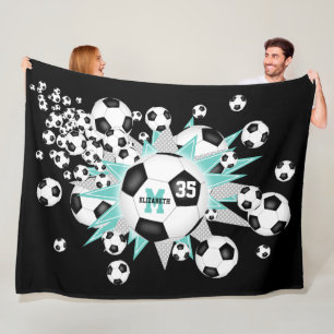 Couverture Polaire ballons de football noir turquoise clair stars fil
