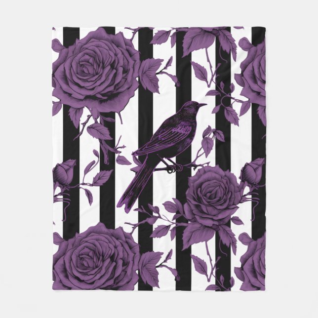 Couverture Polaire Bandes avec Roses violets et corbeaux (Devant)