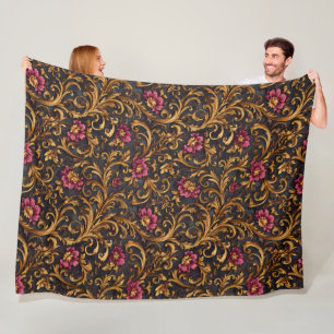 Couverture Polaire Baroque Floral Sombre aux Rouleaux Dorés