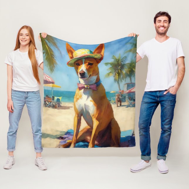Couverture Polaire Basenji sur la plage, cadeau d'été pour les amoure (En situation)