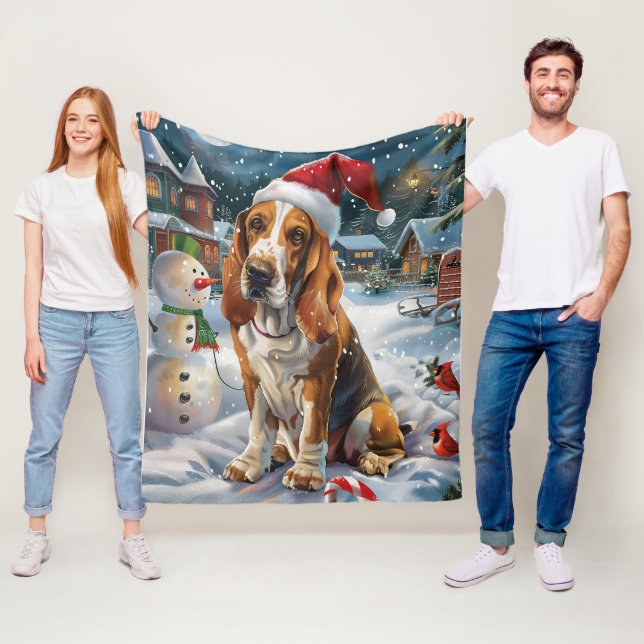 Couverture Polaire Basset Hound Chien Winter Wonderland Noël Joie (En situation)