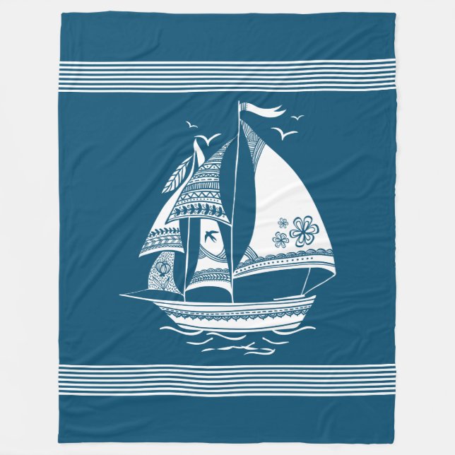 Couverture Polaire Bateau tribal voile nautique blanc illustrat (Devant)