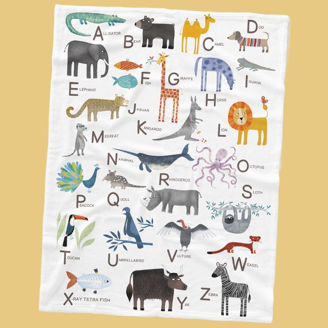 Couverture Polaire Beau animal ABC Alphabet Enfants (Cute animal ABC alphabet blanket for newborn, boy or girl gender neutral nursery or kids room decor)