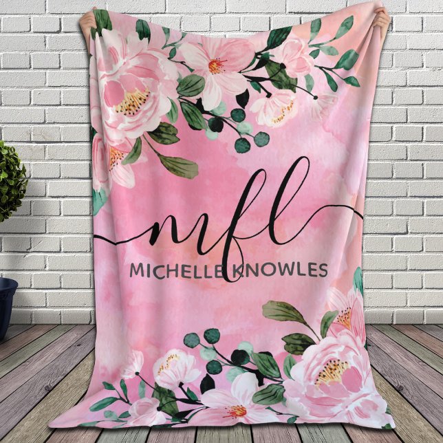 Couverture Polaire Beau Blush rose floral tendance monogramme (Créateur téléchargé)
