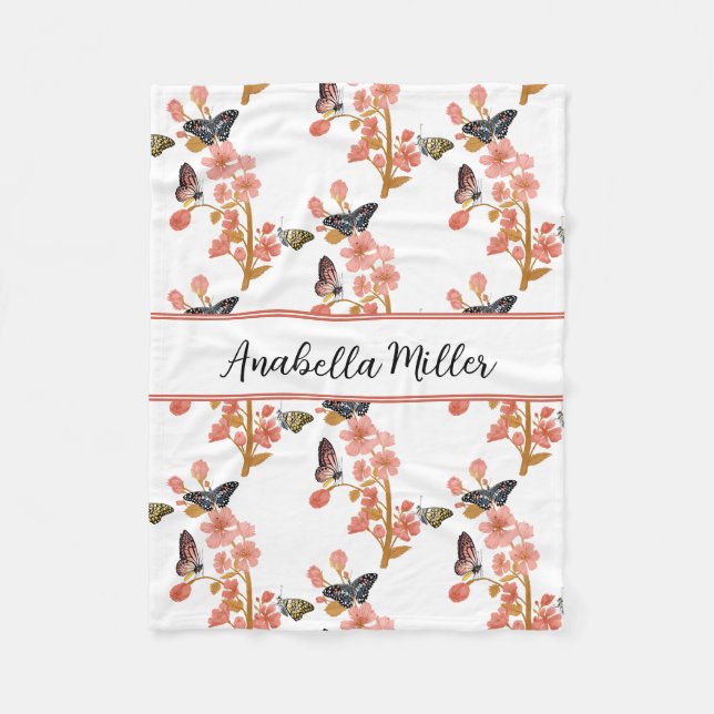 Couverture Polaire Beau Boho rose papillon Motif Nom des enfants (Devant)