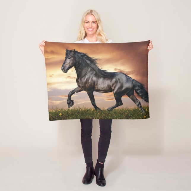 Couverture Polaire Beau Cheval Noir (En situation)