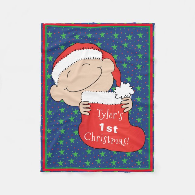 Couverture Polaire Bébé 1er Noël / Blanche en polaire rouge (Devant)