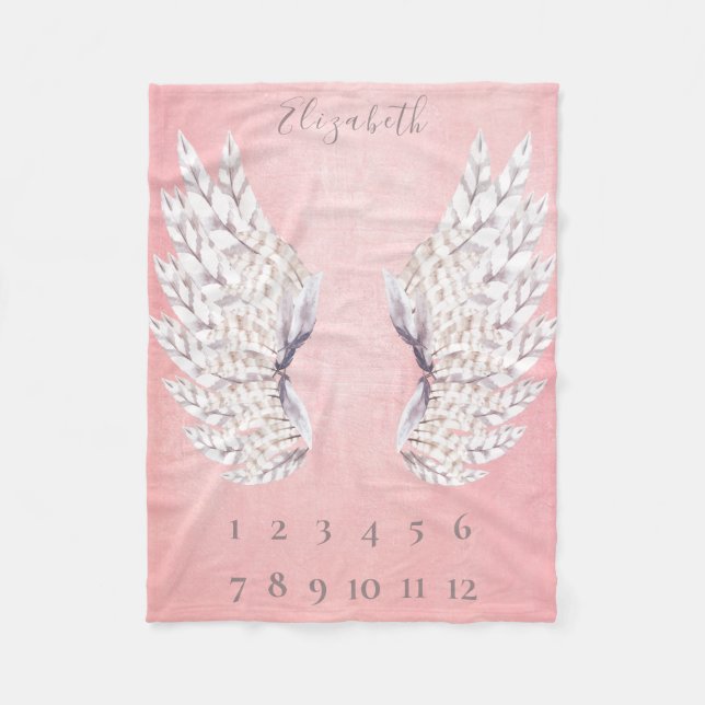 Couverture Polaire Bébé fille Ange rose Ailes mensuelle Jalon (Devant)