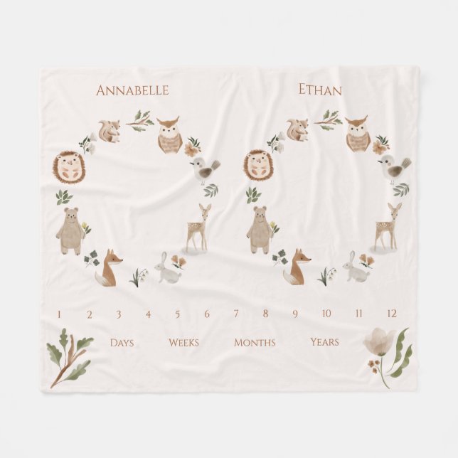 Couverture Polaire Bébé Twin Milestone Boho Woodland Animaux (Devant (Horizontal))
