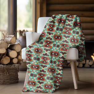 Couverture Polaire Beige Rouge Brun Aqua Bleu Vert Noir Art Tribal