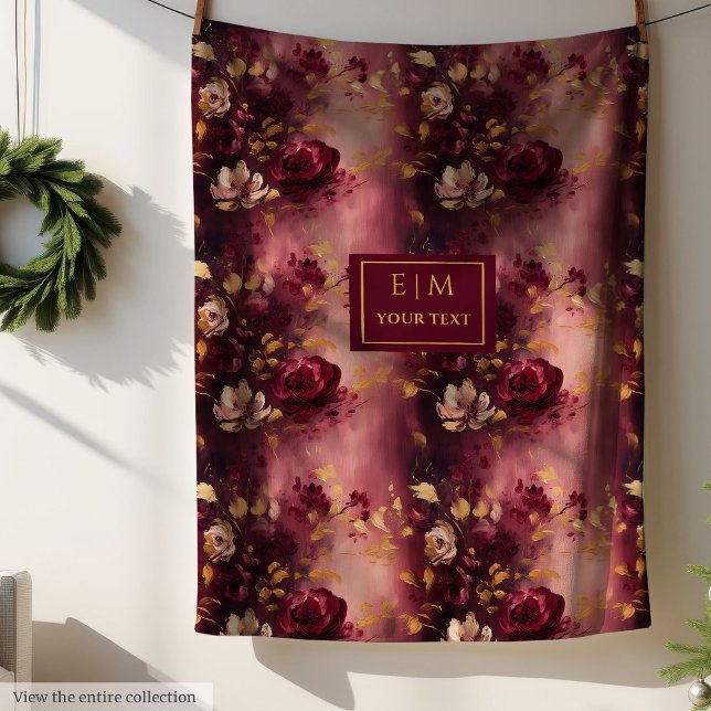 Couverture Polaire Belle Aquarelle Brousse Bourgogne Or Personnalisée (Lovely Blush Burgundy Gold Watercolor Personalized Fleece Blanket )