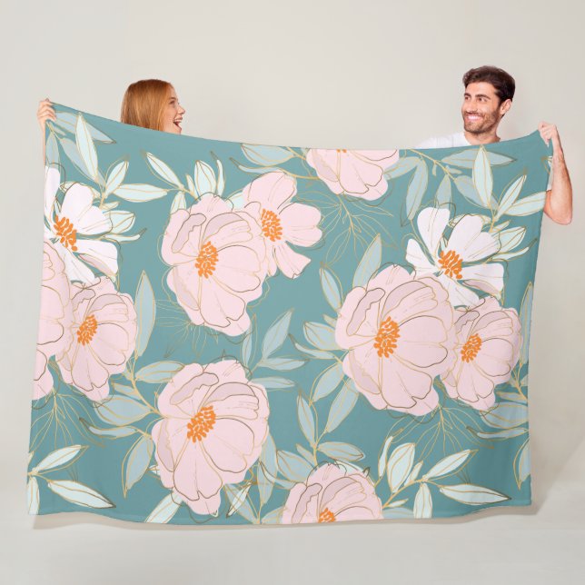 Couverture Polaire Belle aquarelle douce botanique bleu rose (En situation)