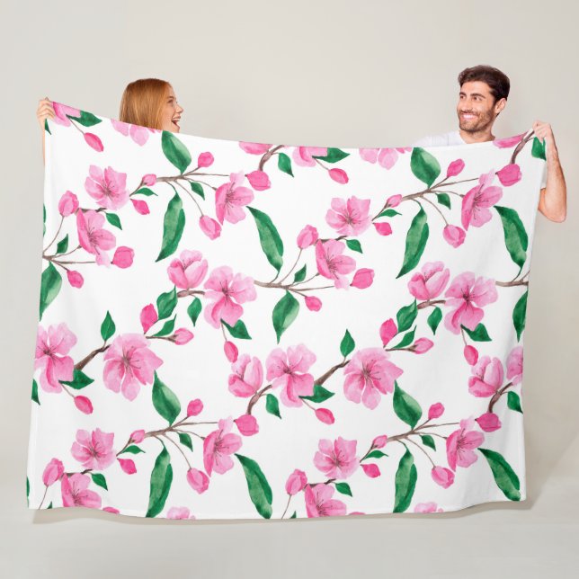 Couverture Polaire Belle Aquarelle fleurie rose cerise (En situation)