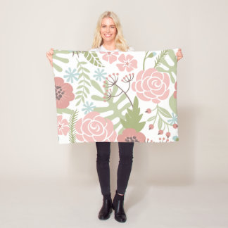 Couverture Polaire Belle rose pâle et fleurs vertes
