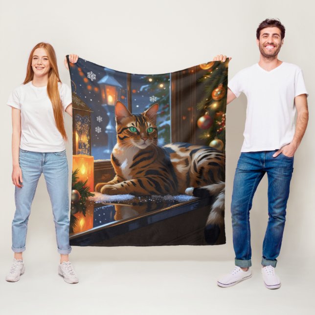 Couverture Polaire Bengal Cat With Christmas Lights Holiday (En situation)