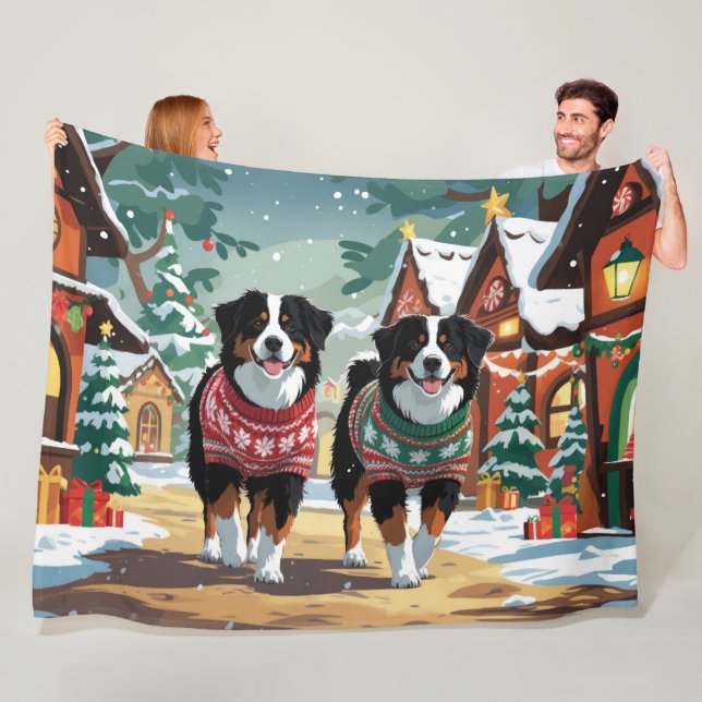 Couverture Polaire Bernese Mountain Dogs Christmas Snow Holiday (En situation)