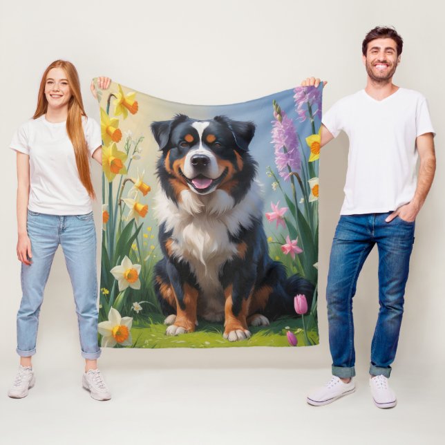 Couverture Polaire Bernese Mountain Spring Flowers Peinture (En situation)