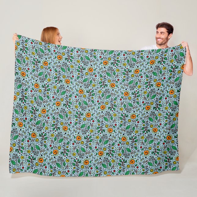Couverture Polaire Berry Motif à fleurs orange Swirl Turquoise - (En situation)