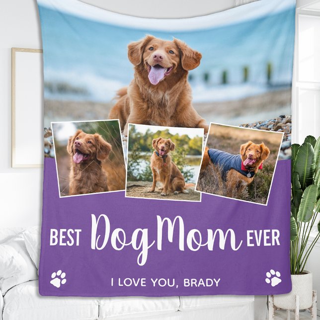 Couverture Polaire Best Dog Mom Custom 4 Photo Collage Purple (Créateur téléchargé)