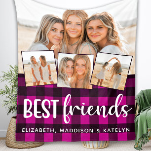 Couverture Polaire Best Friends 4 Photo Collage Buffalo Plaid Pink Fl