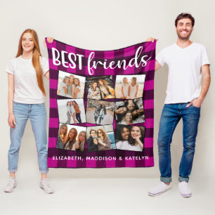 Couverture Polaire Best Friends 9 Photo Collage Buffalo Plaid Pink
