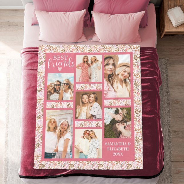 Couverture Polaire Best Friends Stylish BFF Friendship Pink Photo (A cute pink floral best friends photo blanket. Personlaize it with your photos and names.)
