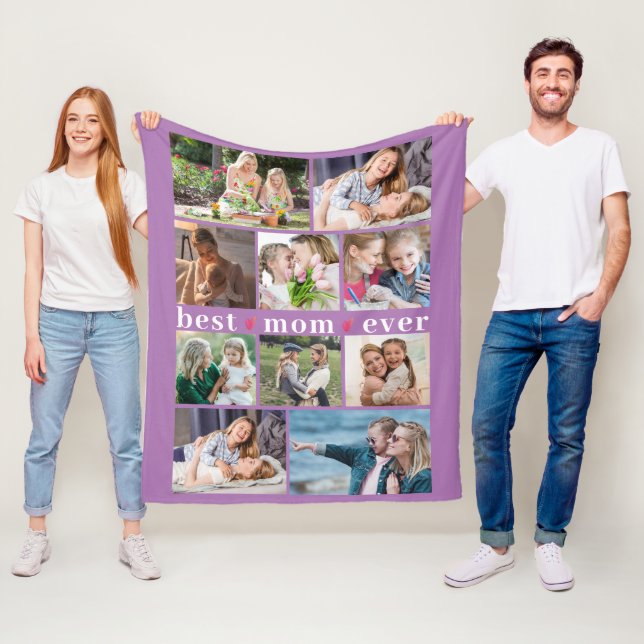Couverture Polaire BEST MOM EVER Hearts 10 Photo Collage Lavande (En situation)