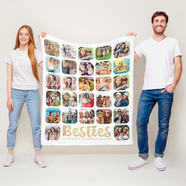 Couverture Polaire BESTIES 27 Photo Collage Personnalisé Blanc Or (En situation)