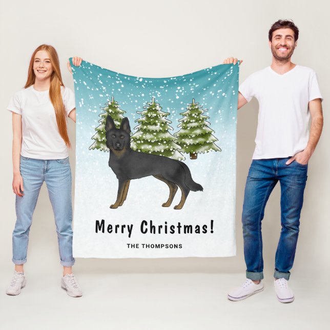 Couverture Polaire Bi-Black German Shepherd Winter Forest Nom de fami (En situation)