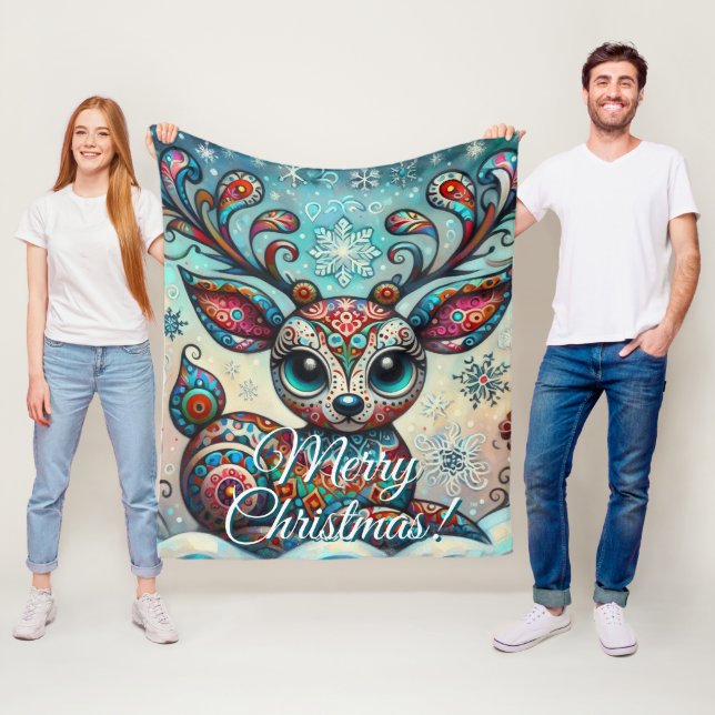 Couverture Polaire Big Eye Christmas Reindeer Folk Art Personalized (En situation)