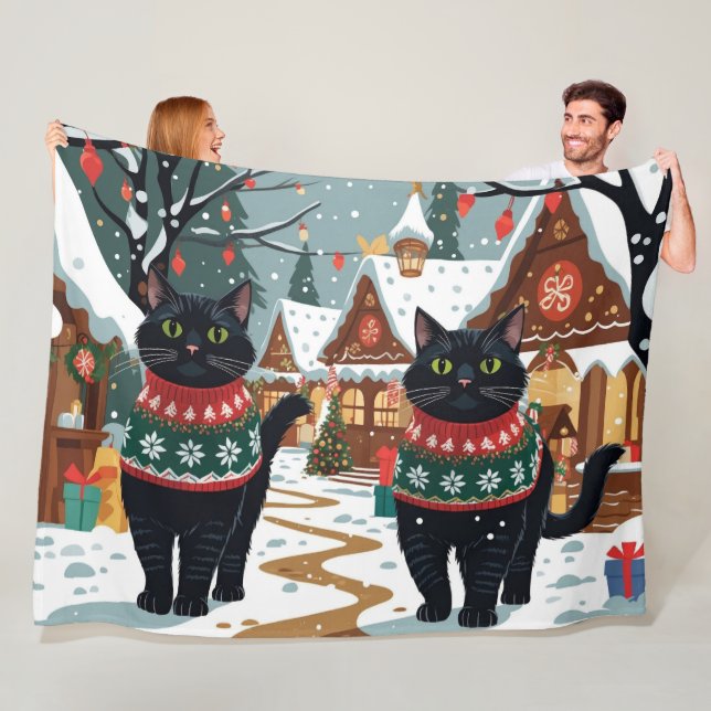 Couverture Polaire Black Cat Christmas Snow Holiday (En situation)