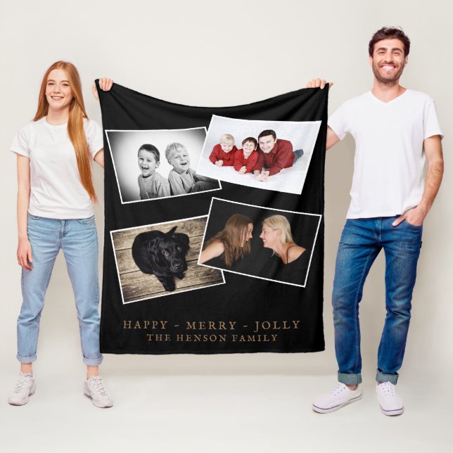 Couverture Polaire Black Merry Jolly Noël 4 Famille Photo Collage (En situation)
