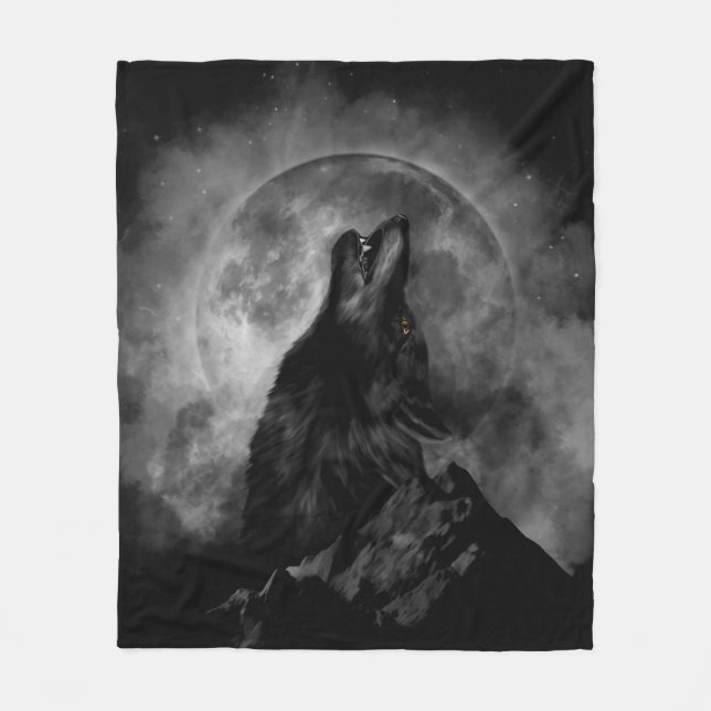 Couverture Polaire Black Wolf hurler noir et blanc (Devant)
