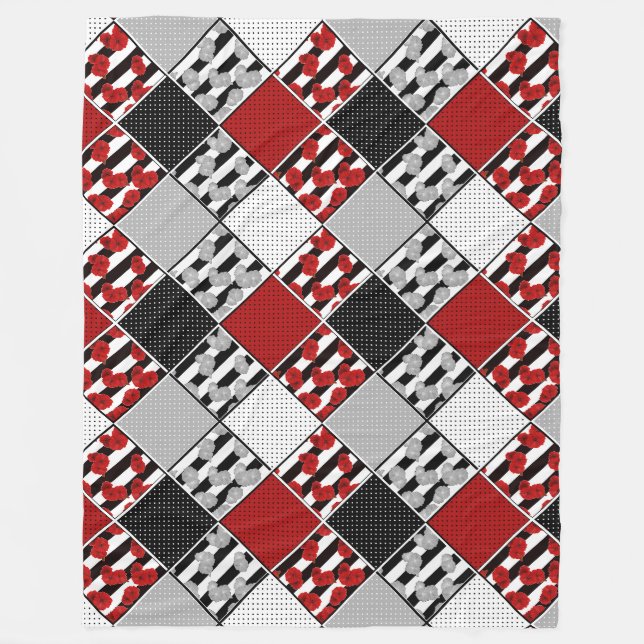 Couverture Polaire Blanc noir avec patchwork rétro rouge (Devant)