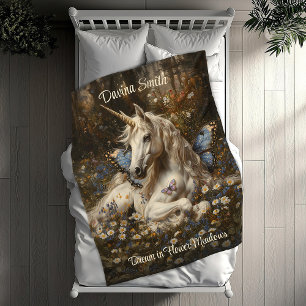 Couverture Polaire Blanc Unicorne Bleu Papillon prairie Art Floral