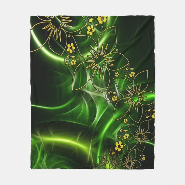 Couverture Polaire Blanche en polaire aux fleurs vertes (Devant)