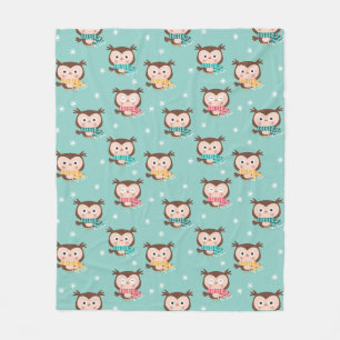 Couverture Polaire Blanche en polaire Chouettes de Noël
