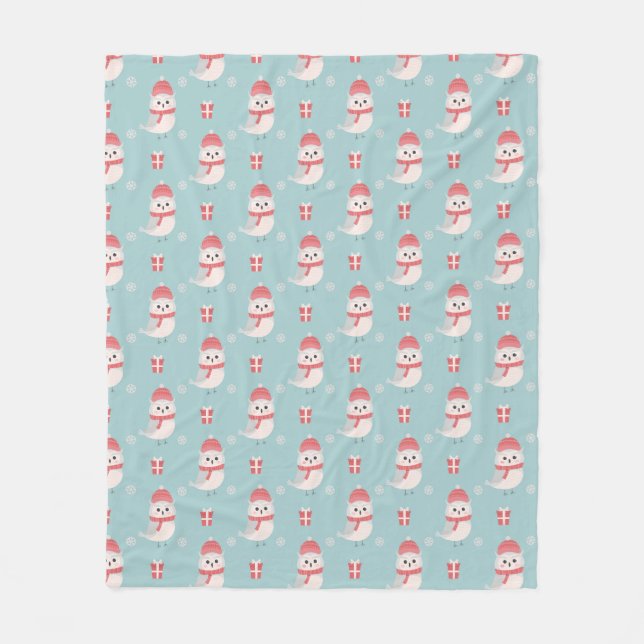 Couverture Polaire Blanche en polaire Chouettes de Noël (Devant)