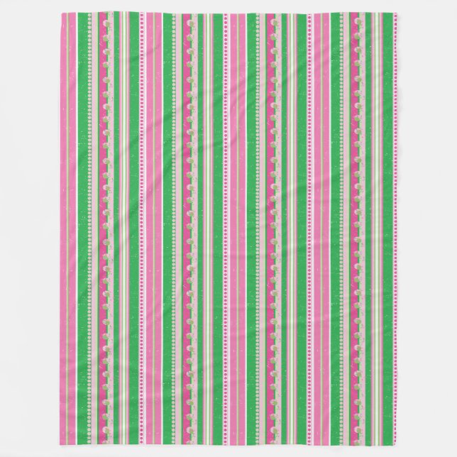 Couverture Polaire Blanche en polaire rayée rose et vert moderne (Devant)