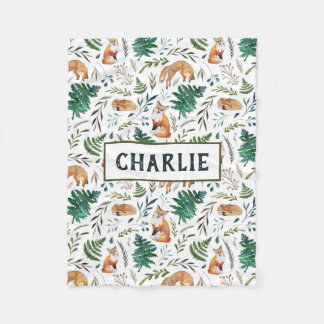 Couverture Polaire Blanche personnalisée Fox, Ferns et Feuilles