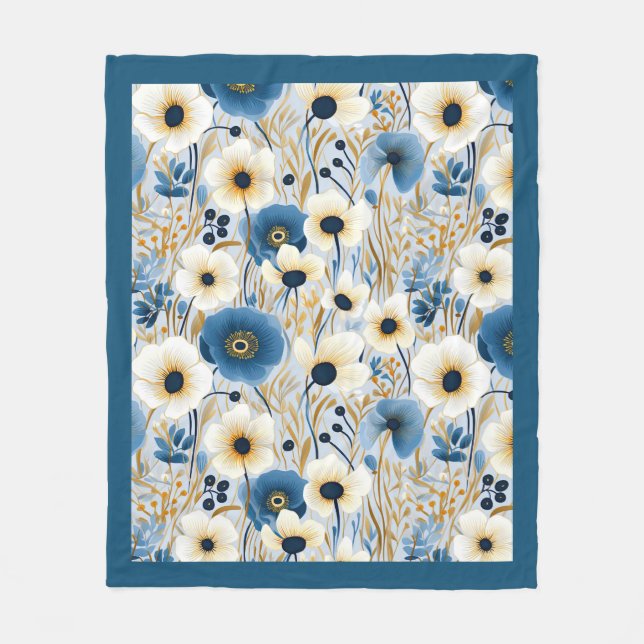 Couverture Polaire Blanche polaire Fleur sauvage bleue et blanche (Devant)