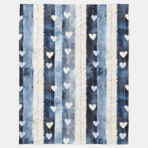 Couverture Polaire Bleu Blanc Denim Coeur rayures