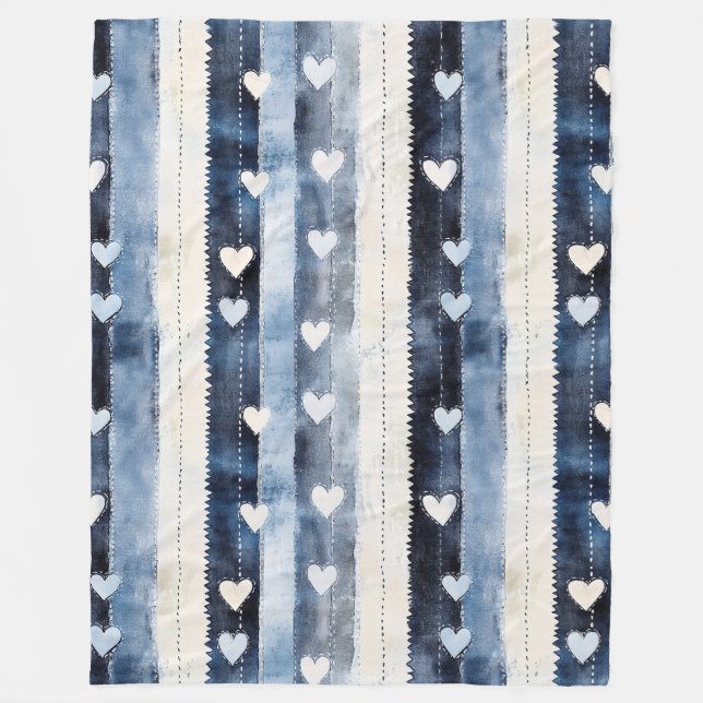 Couverture Polaire Bleu Blanc Denim Coeur rayures (Devant)
