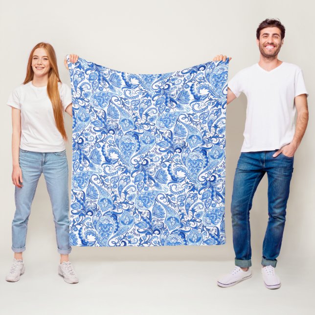 Couverture Polaire Bleu Bleu Blanc Floral Paisley Art Motif (En situation)