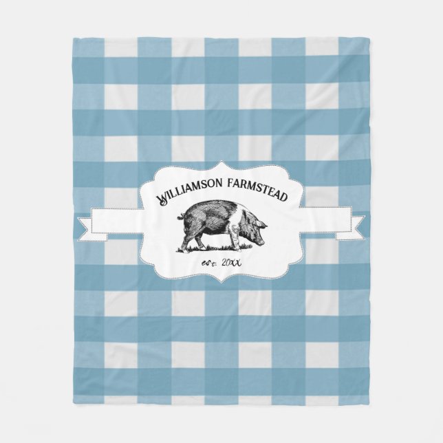 Couverture Polaire Bleu Buffalo Plaid Farm Pig Fleece Blanche (Devant)