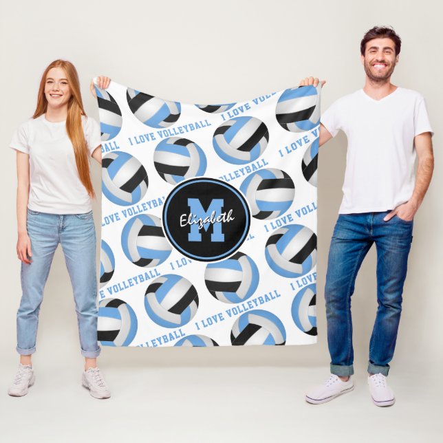 Couverture Polaire bleu clair noir J'aime volleyball texte motif (En situation)
