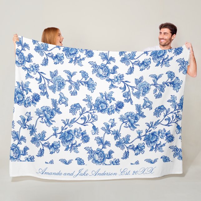 Couverture Polaire Bleu et blanc Chinoiserie Nom personnalisé (En situation)