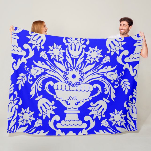 Couverture Polaire Bleu et blanc Damas motif floral élégant (En situation)