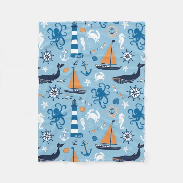 Couverture Polaire Bleu et orange d'océan nautiques (Devant)