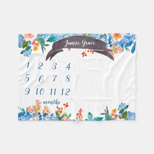 Couverture Polaire Bleu Fleur Mensuel Jalon Baby Girl Blanket (Devant (Horizontal))